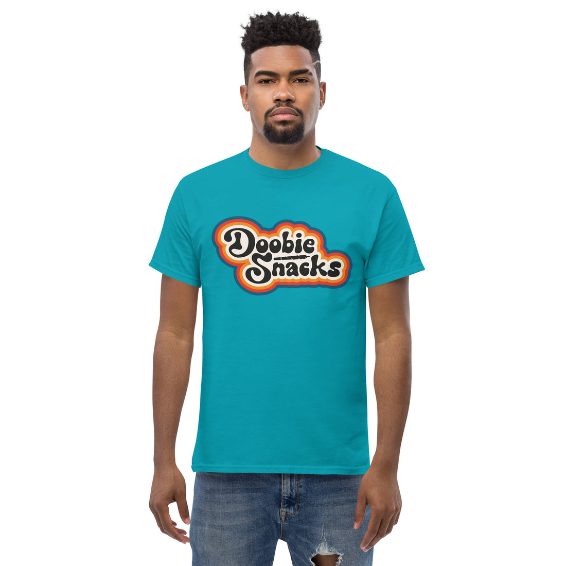 Doobie Snacks Retro Vibes Unisex Tee in tropical blue, front view