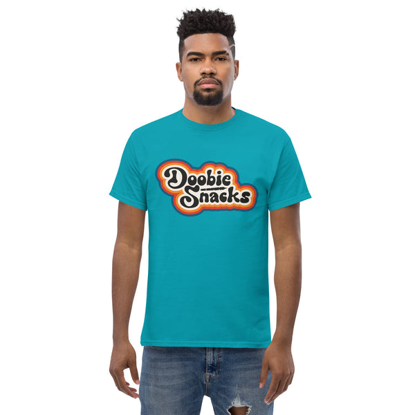 Doobie Snacks Retro Vibes Unisex Tee in tropical blue, front view