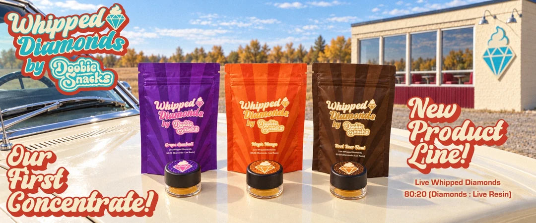 Whipped Diamonds by Doobie Snacks, our first concentrate and new product line: live whipped diamonds, 80:20 diamonds to live resin. Three mylar bags with sunburst labels, Grape Gumball purple, Magic Mango orange and Root Beer Float brown, each with its black 1.2g jar, on a cream car hood outside a retro parlour under a prairie fall sky.